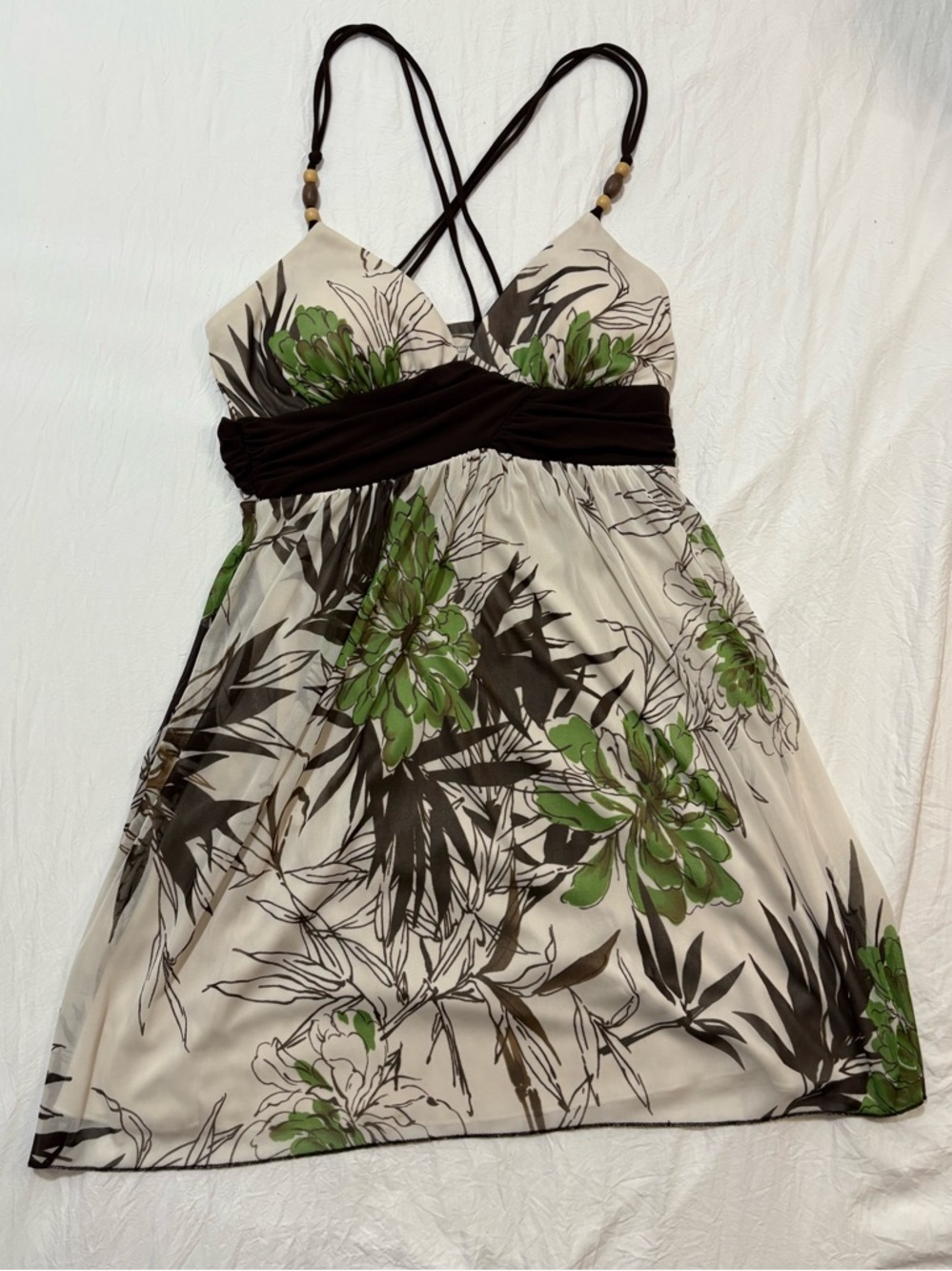 Y2K Speechless Mini Floral Flowy Green and Brown Beaded Boho Dress